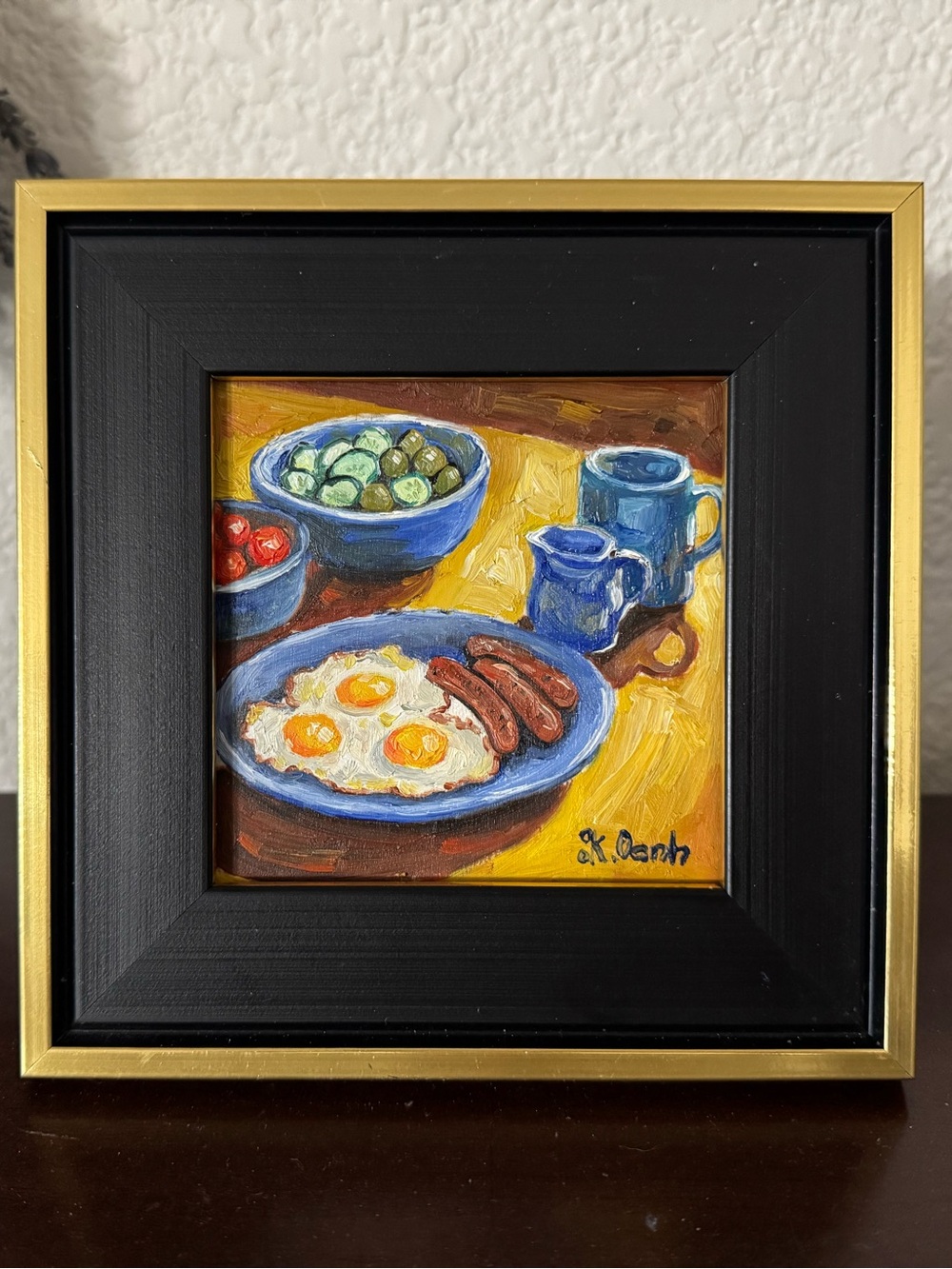 Hand painted oil painting still life breakfast signed framed 4x4 inches